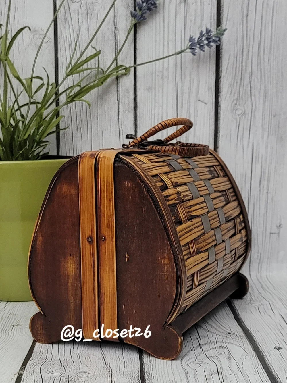 Woven Bamboo Box Purse with Handle - Natural & Silver Metal Accents